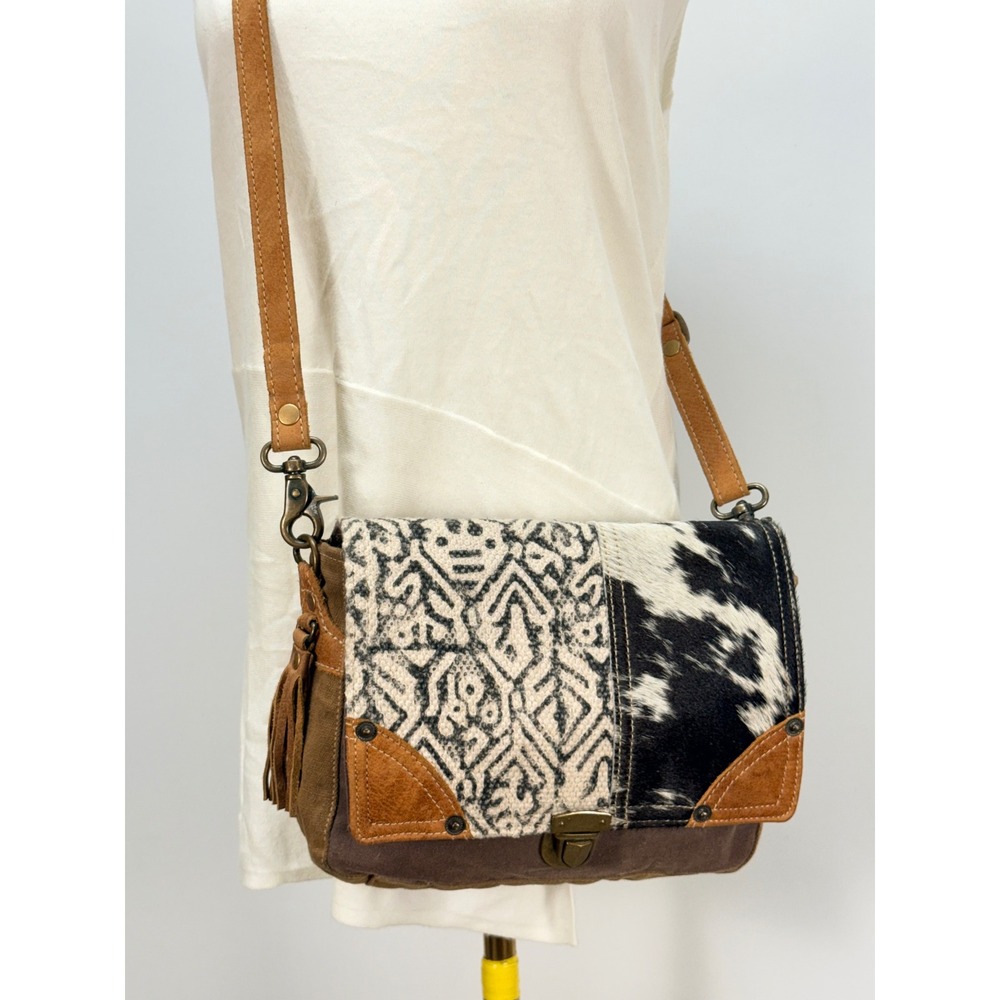 Myra Bag Cowhide Rug Canvas Leather Crossbody bag Cowgirl Chic Brown Tassel